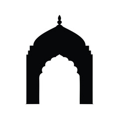 Dramatic silhouette of an architectural archway with a bulbous dome on top, minimal mosque entrance arch silhouette vector illustration