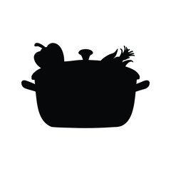 A cooking pot silhouette filled with vegetables for a nutritious meal preparation, pan with vegetables silhouette vector illustration