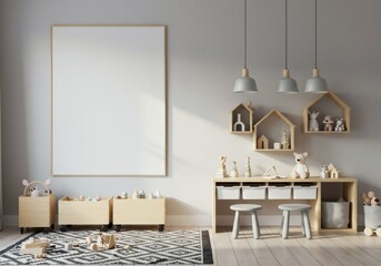 Serene Nursery Interior with Blank Canvas, Wooden Toys, and Soft Lighting