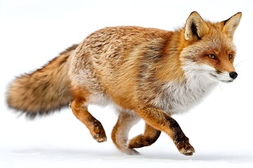 Red fox running across snowy ground, captured mid-stride with fluffy tail and crisp fur detail, isolated on a clean white background dynamic winter wildlife action.