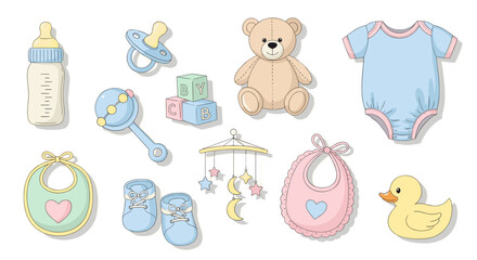 A charming set of hand-drawn baby shower icons with a teddy bear, bottle, and pacifier in a cute pastel color palette. Vector illustration svg collection.