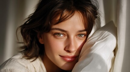 Fototapeta premium Portrait of a woman indoor setting photography soft lighting close-up natural beauty