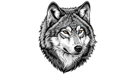 Majestic gray wolf head with intense orange eyes in a detailed graphic style. A powerful predator portrait vector illustration isolated on transparent background.