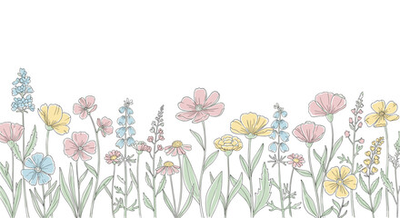 Hand-drawn pastel wildflower border with delicate blooming flowers, a charming botanical svg vector illustration isolated on a transparent background.