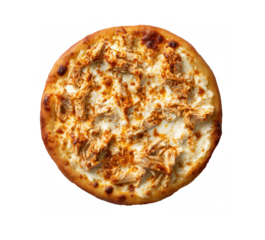 Golden baked pizza with shredded chicken and melted cheese topping isolated on a transparent background