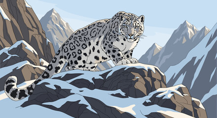 A majestic snow leopard stands proudly on a snowy mountain peak, surveying its high-altitude territory. Vector illustration of a rare Asian wild cat. svg.