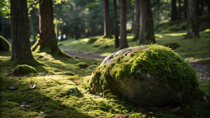 Mossy boulder in a forest landscape with sunlight shining through the trees
