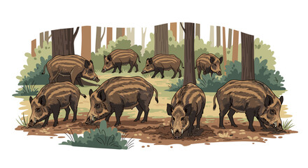 A group of wild boars foraging in a lush forest clearing. This detailed vector illustration is isolated on a transparent background for easy use. svg.