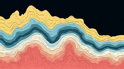 Abstract Colorful Topographic Map with Wavy Lines in Yellow Blue White and Red