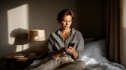 Fototapeta premium Woman using smartphone in cozy bedroom lifestyle photo natural light intimate setting personal connection