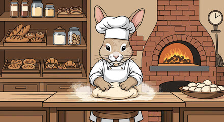 Cartoon bunny baker kneading dough in a cozy kitchen with a brick oven and pastries. Vector illustration, svg isolated on transparent background.