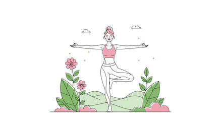 Woman meditating peacefully surrounded by plants, symbolizing mindfulness, balance, and wellness. SVG vector illustration isolated on transparent background.