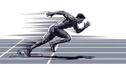 A powerful male sprinter explodes from the starting blocks in this dynamic vector illustration, showcasing peak athletic performance, speed, and motion. SVG.
