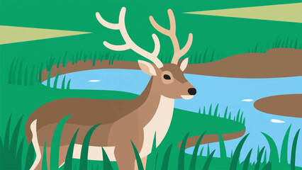 Illustration Of Deer Living In A Chinese Swamp Grassland With A Small Lake Vector Design Template