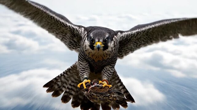 Peregrine falcon dive. Flying Peregrine Falcon Carrying Prey Against Cloudy Sky