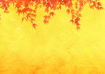 紅葉　金色の和紙の水彩風和風背景