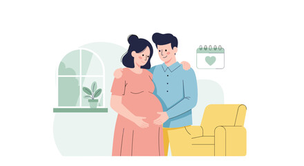 Loving expectant couple embracing, anticipating new baby's arrival at home, tender family moment, svg vector illustration isolated on transparent background.