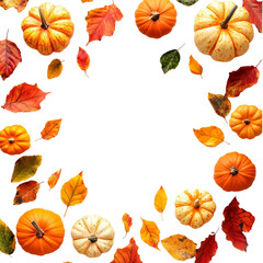  Autumn pumpkins with colorful leaves on transparent background.png