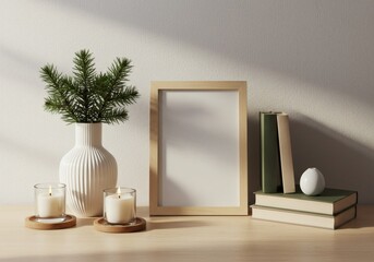 Serene Still Life: Pine Branch in Ribbed Vase, Lit Candles, and Books with Mockup Frame