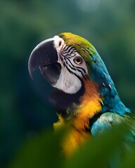 Close-up portrait of a Blue and Gold Macaw opening its beak, revealing bright blue, yellow and green feathers. Dark forest background.