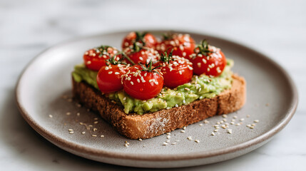Avocado toast with cherry tomatoes and sesame seeds