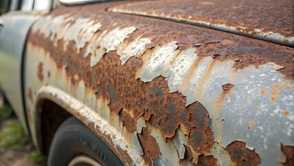 Close up of rust on an old car with peeling paint and corrosion