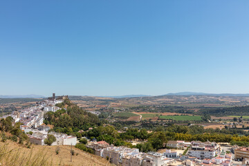 Fototapeta premium Arcos de la Frontera hilltop view with castle and whitewashed houses, Andalusia Spain. 4 September 2025.