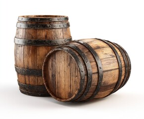 Fototapeta premium Wooden barrels on white background aged oak and metal bands