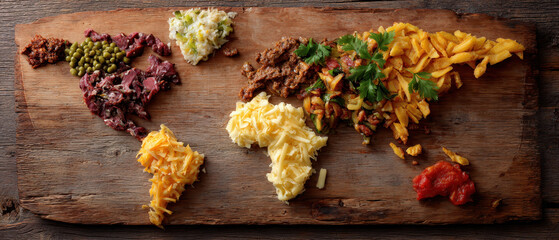 World map food regional cuisine rustic wood global flavors culinary art