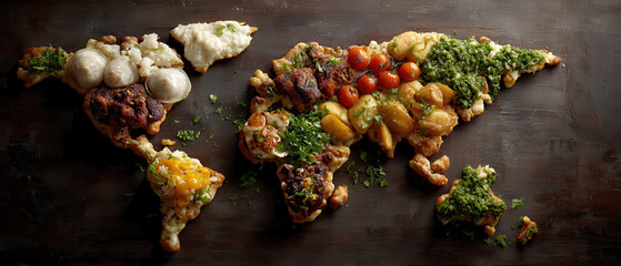 Food map world cuisine heritage culture travel rustic textured vibrant savory celebration