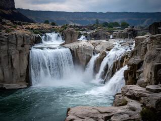 Waterfall rock river landscape nature powerful scenic erosion cascade outdoor majestic waterfall cascades over ancient eroded rock formations creating powerful and scenic natural landscape with