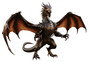 Fototapeta premium A magnificent, armored dragon, with detailed scales and wings, stands against a stark black backdrop, showcasing its imposing presence.