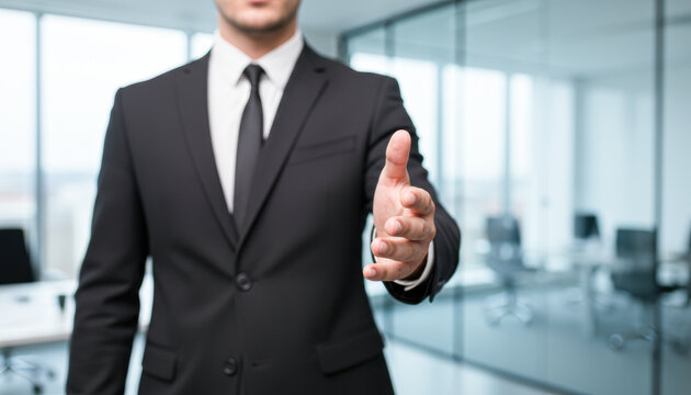A businessman extends his hand for a handshake in a modern office setting, symbolizing professionalism and networking.
