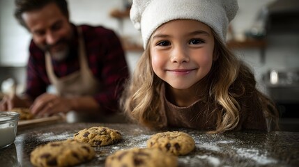 A young girl in a chef s hat smiles while baking chocolate chip cookies with her father in a home kitchen