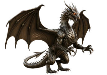 A magnificent bronze-colored dragon, wings outstretched, commands attention against a dark backdrop.