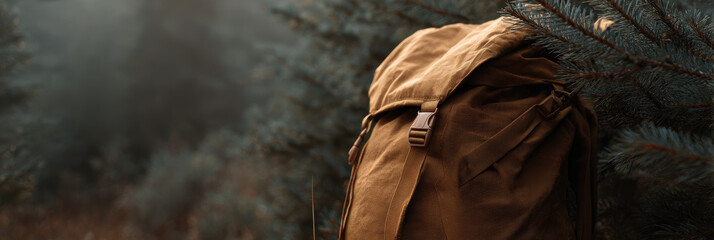 Hiking backpack pine forest cold adventure mood misty path outdoor gear