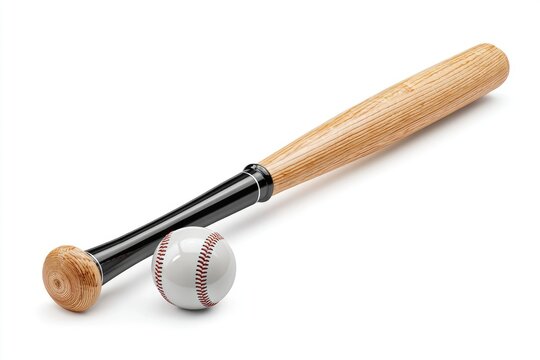 Baseball bat and ball resting on white surface, shadow present