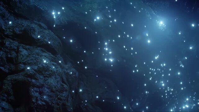 Magical Glow Worm Cave Ceiling With Tiny Blue Lights.