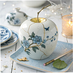  A 3D-rendered digital artwork of a porcelain apple adorned with delicate blue floral patterns, 