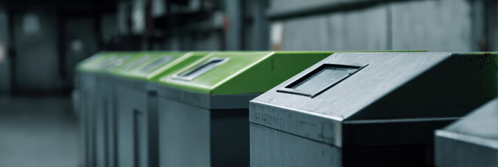 Industrial waste bin row, green highlight, metal container, factory hallway, moody tone