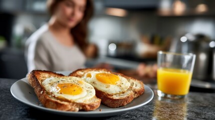 Delicious breakfast with eggs on toast and fresh juice kitchen food photography cozy home setting culinary delight
