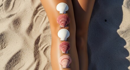 Seashells arranged on a persons leg on a sandy beach