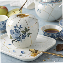  A 3D-rendered digital artwork of a porcelain apple adorned with delicate blue floral patterns, 