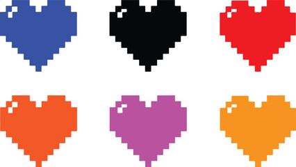 Fototapeta premium Pixelated Heart Icons In Multiple Colors On White Background retro 8-bit