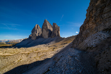 Famous Tre Cime di Lavaredo at summer time. Landscape of Alps Mountains. Dolomites, Alps, Italy, Europe (Drei Zinnen)