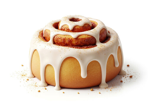 Cinnamon roll with white icing isolated on white background