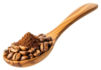 Fototapeta premium Wooden spoon with coffee beans and ground coffee