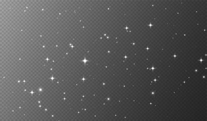 Fototapeta premium White sparkling stars, shiny particles light effect, transparent flying stardust texture, abstract twinkle Christmas decoration. Vector illustration.