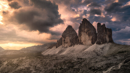 Famous Tre Cime di Lavaredo at summer time. Landscape of Alps Mountains. Dolomites, Alps, Italy, Europe (Drei Zinnen)