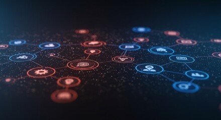 A futuristic visualization of a complex digital network with glowing interconnected nodes, representing global communication and data flow